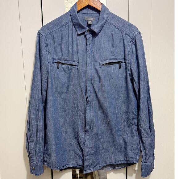 Kenneth Cole Reaction Denim Chambray Shirt Men’s Large Zip Pocket Casual - Picture 1 of 13